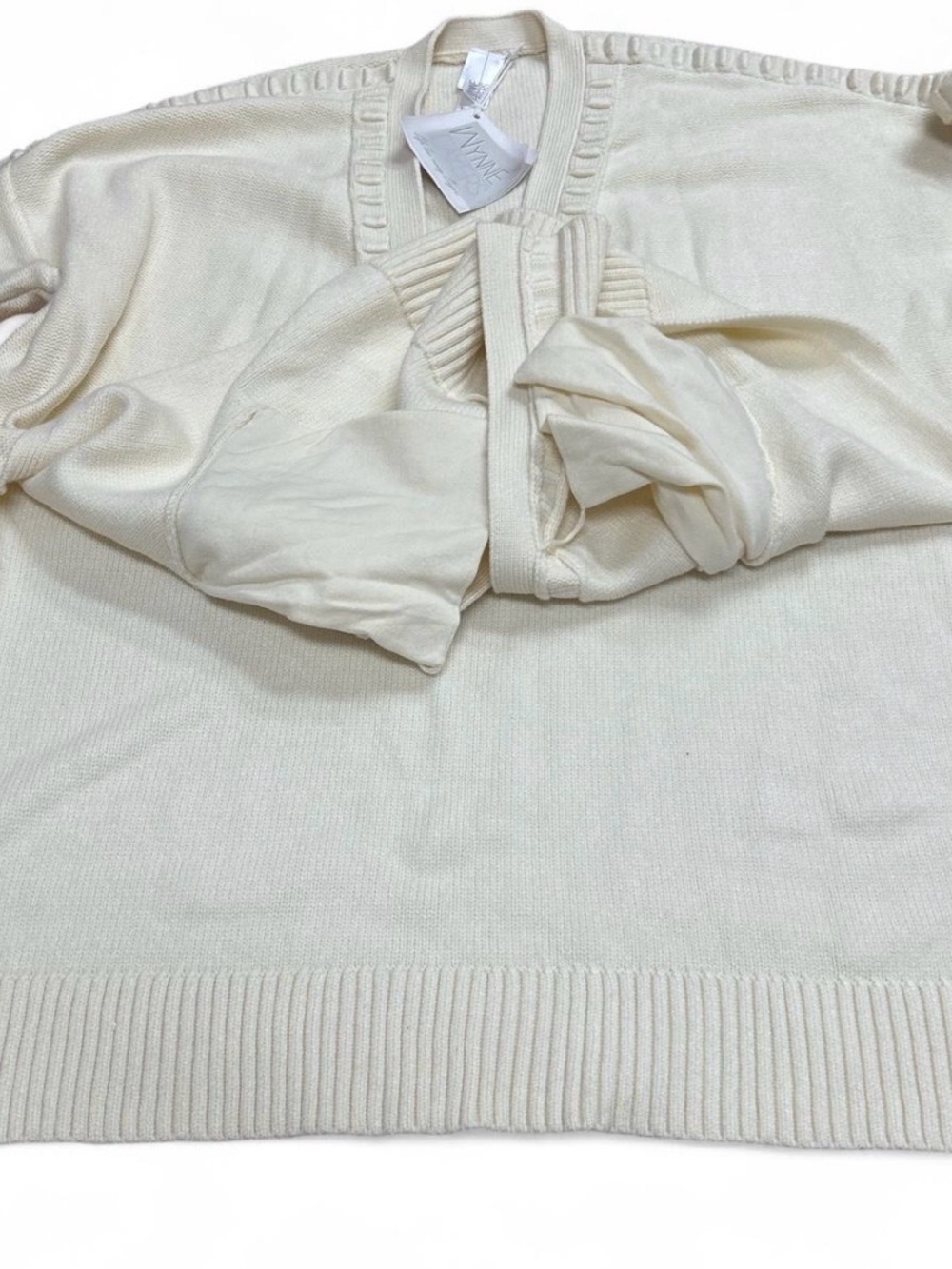 Ivory Open-Front Ribbed-Trim Cardigan Sweater - Picture 3 of 3